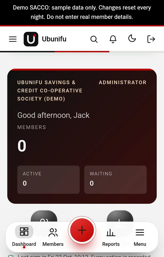 Ubinifu SACCO dashboard with member counts and active and waiting members