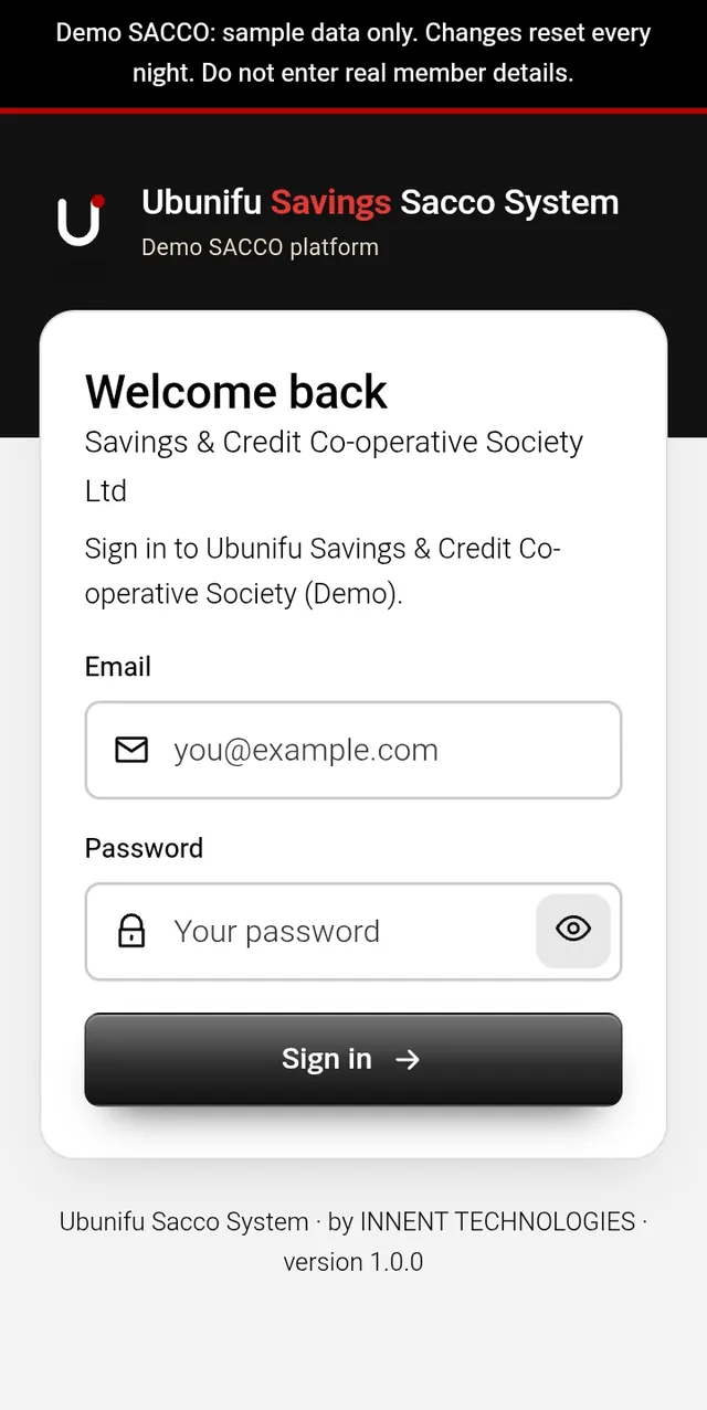 Ubinifu SACCO sign-in screen on mobile