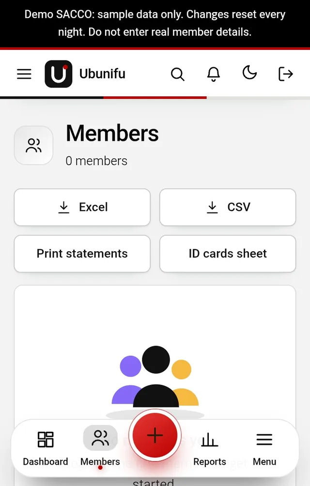 Ubinifu SACCO members page with Excel and CSV export and printable statements