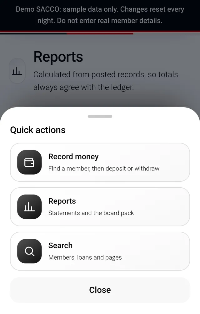 Ubinifu SACCO quick actions: record money, reports and search