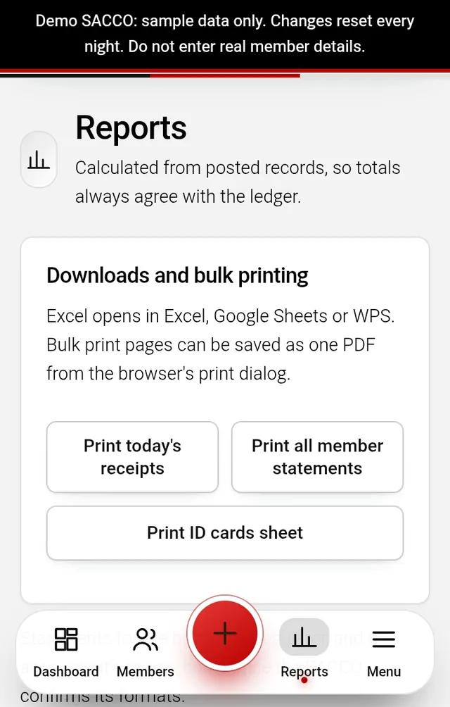 Ubinifu SACCO reports page with bulk printing of receipts and statements