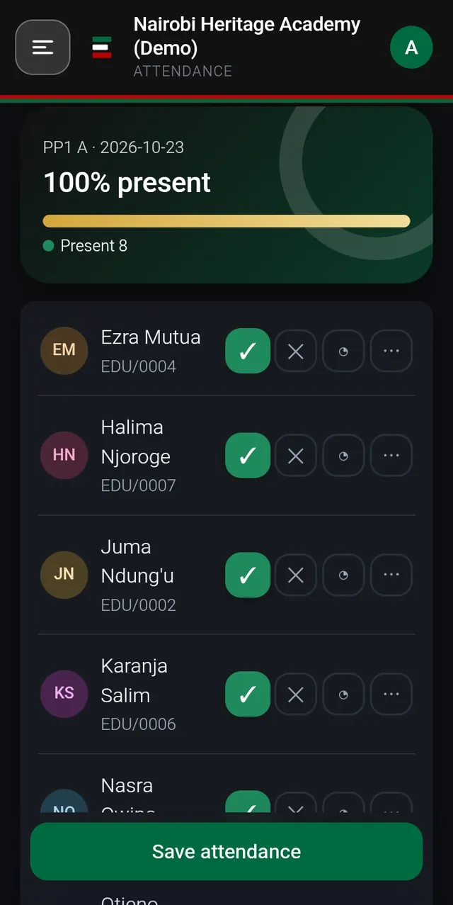 School360 attendance register for a class, with present, absent and late marking
