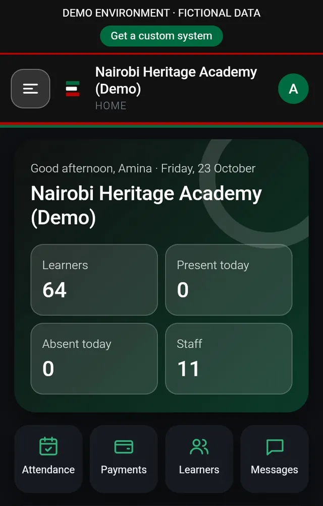 School360 dashboard showing learners, present and absent today, and staff