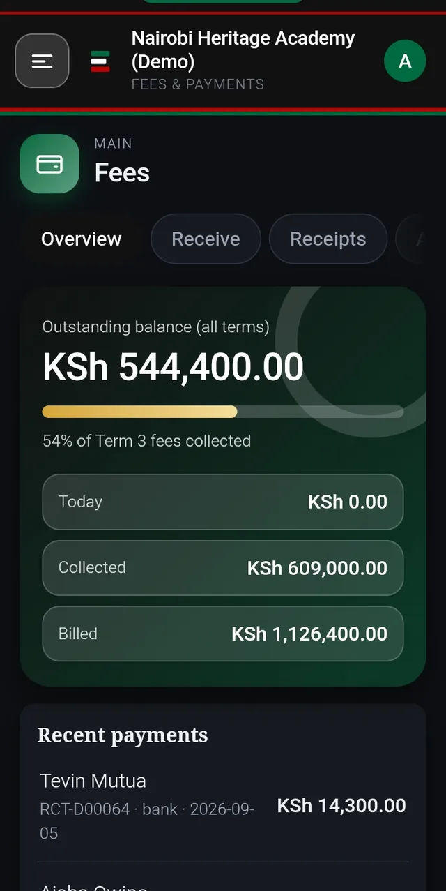 School360 fees overview with outstanding balance, collected and billed totals