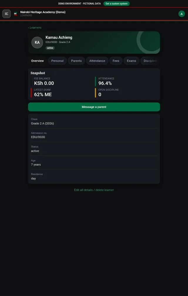 School360 learner profile with fee balance, attendance, latest exam and discipline