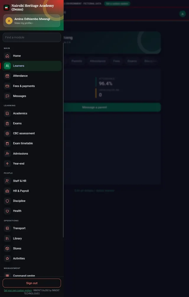 School360 module menu grouped into main, learning, people and operations