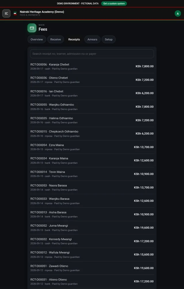 School360 receipts list with receipt numbers, payment methods and amounts